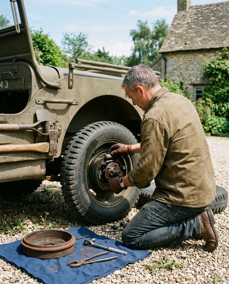 A man in a waxed jacket kneels at the front wheel of an olive drab jeep, working on the brake with the drum and tools laid out on a cloth beside him