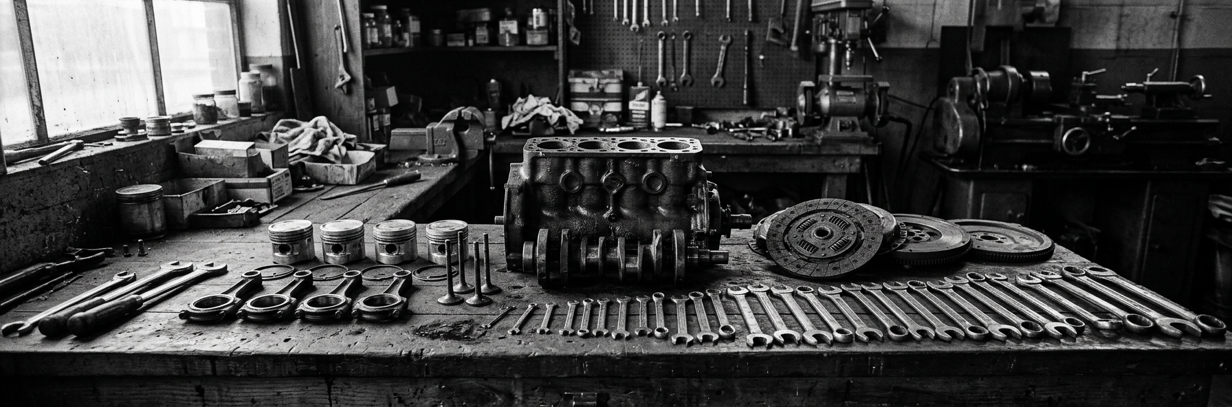 An engine block, pistons, connecting rods and a row of spanners laid out on a workshop bench