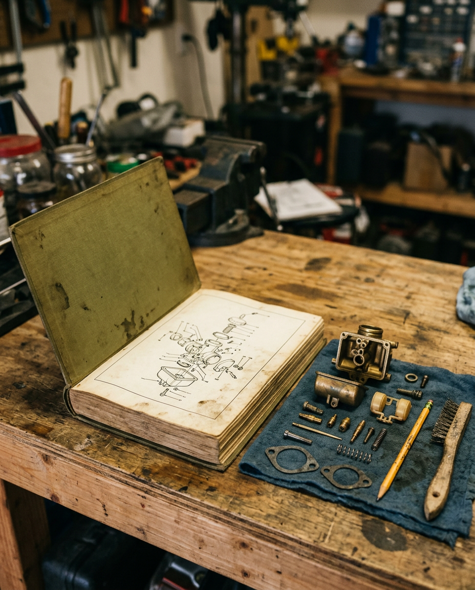 An open workshop manual with an exploded carburetor drawing beside a disassembled brass carburetor and its small parts on a shop rag