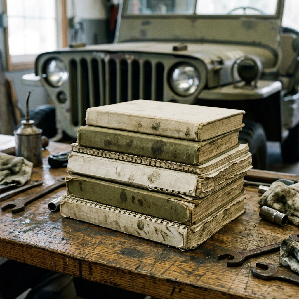 A stack of worn workshop manuals on a garage bench in front of an olive drab jeep grille