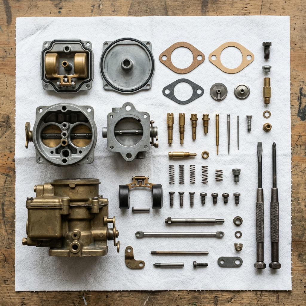 Carburetor parts, gaskets, screws and screwdrivers laid out in order on a white cloth