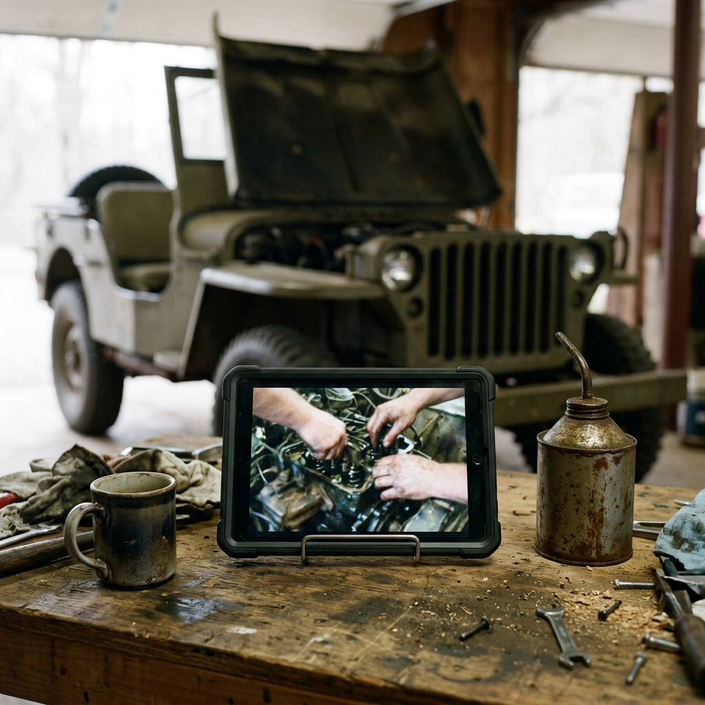 A tablet on a workbench playing a video of hands working on a jeep engine, with the jeep behind it